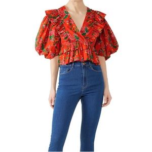Rhode Elodie Top in Red Dazzle Floral Ruffles Wrap Style All Over Pattern sz L